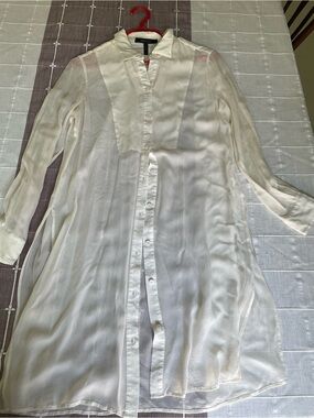 BCBGMaxAzria Sheer White Longline Button-Down Shirt